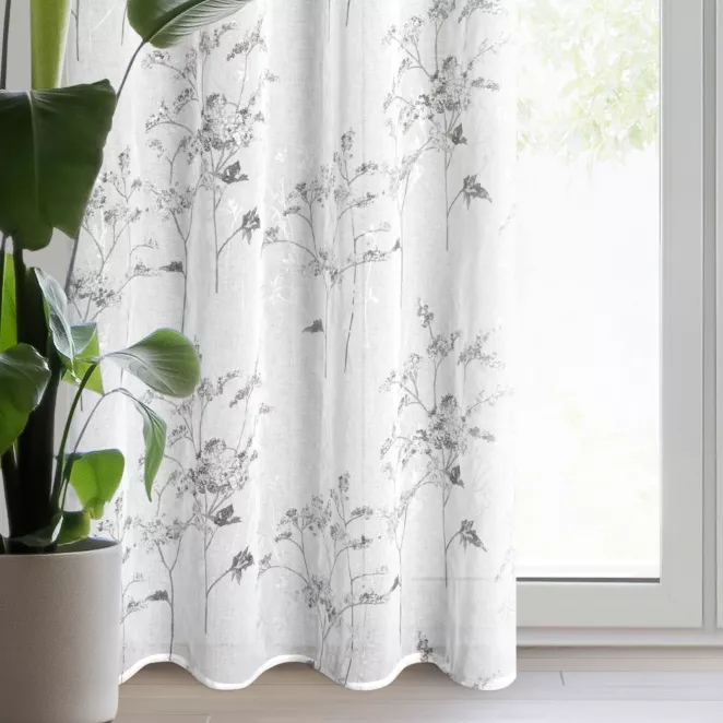 Zasłona biało, srebrna z nadrukiem roślinnym z etaminy 140x250 cm przelotka SERMA