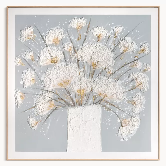 Obraz w kwiaty 3D kremowo, popielaty ręczni malowany na płótnie oprawiony w ramę 102x102 cm