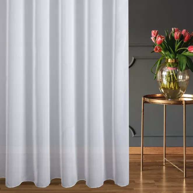 Firana szyta na taśmie 5 cm biała półprzezroczysta, z tkaniny typu żorżeta o niestandardowej wysokości 340cm, wykończona obciążnikiem