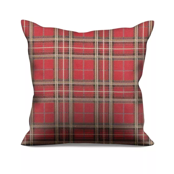 Poszewka szyta czerwona z tkaniny gobelinowej o wzorze w kratę