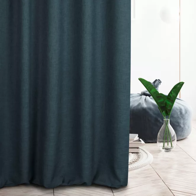 Zasłona szyta na taśmie 5 cm GEONOA granatowa z miękkiej tkaniny o naturalnym charakterze z widocznym ozdobnym splotem