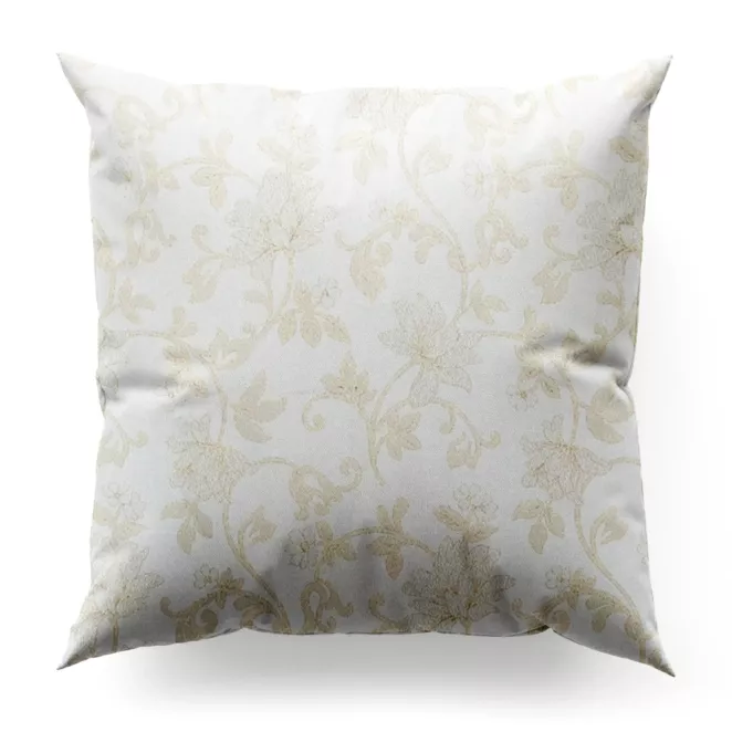 Poszewka szyta kremowo złota z gładkiej tkaniny przeplatanej błyszczącą lureksową nicią o wzorze w kwiaty