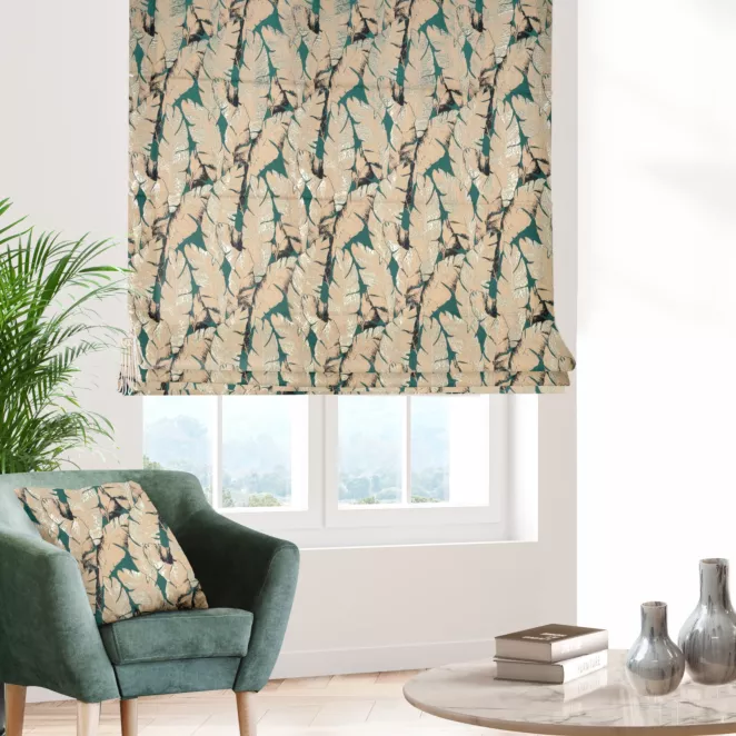 Roleta rzymska turkusowo złota z tkaniny w elegancki roślinny wzór z połyskliwą nicią i efektem 3D Italissima Eva Minge