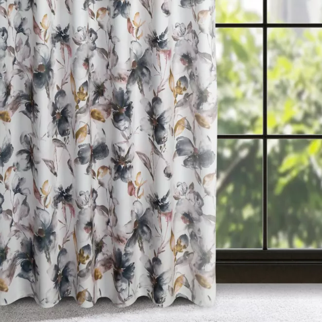 Zasłona biało, stalowa z wyrazistym splotem we wzór kwiatowy 140x270 taśma /szelki - NIKA