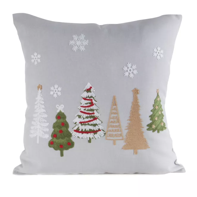 Poszewka na poduszkę świąteczna 45x45 cm zdobiona haftem choinek i śnieżynek