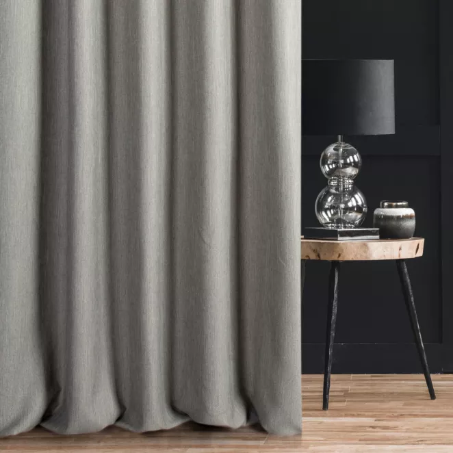Zasłona szyta na flexach STYLE popielata o naturalnym charakterze, z widocznym, ozdobnym splotem