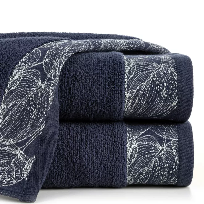 Ręcznik do rąk 30x50 cm bawełniany kolor granatowy,srebrny z żakardową bordiurą w liście 400 g/m2 AGIS