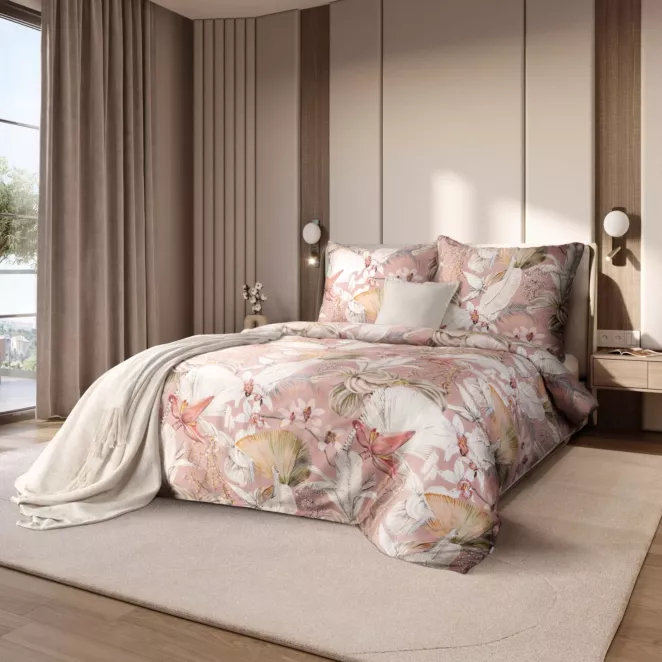 Pościel 160x200 cm komplet 3 częściowy makosatyna bawełniana różowo, biała z motywem roślinnym Reina Line