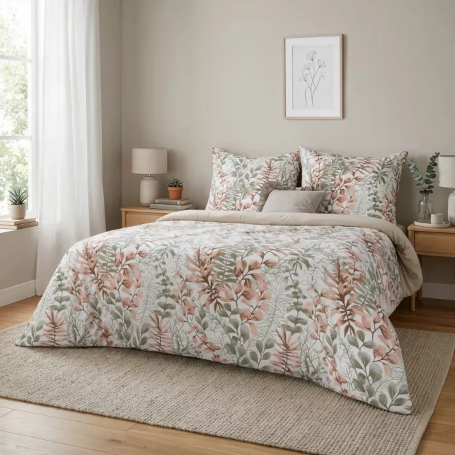 Pościel 160x200 cm komplet 3 częściowy bawełna ranforce kolor pudrowo różowy, biały z motywem roślinnym FREESIA