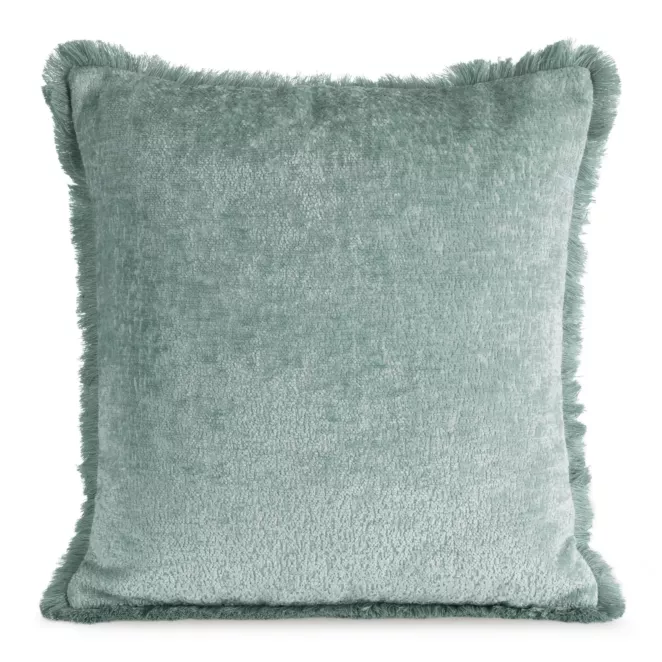 Poszewka na poduszkę 45x45 cm szałwiowa z szenilowej nici zdobiona subtelnymi frędzlami ADIA