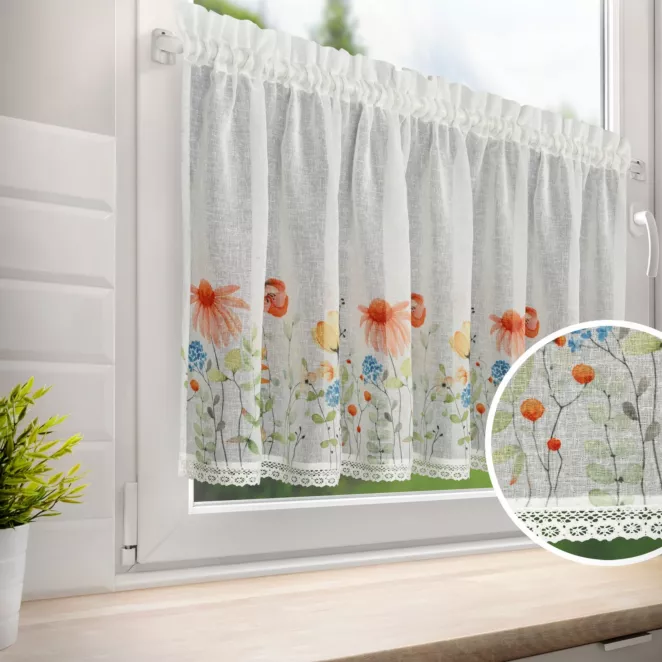 Zazdrostka biało, czerwona z etaminy zdobiona nadrukiem kwiatów i koronką 150x60 cm tunel  NATI