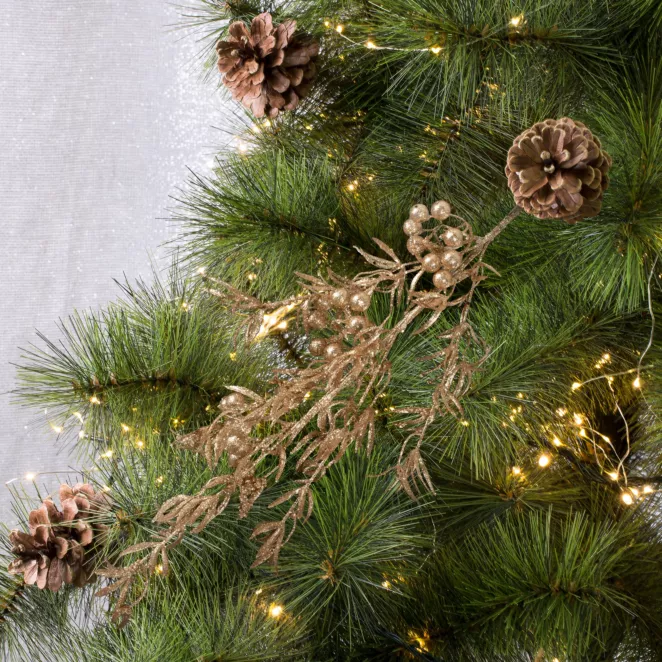 Zimowa gałązka dekoracyjna obsypana złotym brokatem