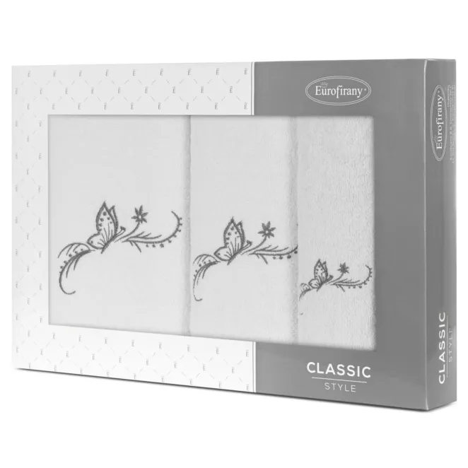 Zestaw ręczników bawełnianych na prezent 3 szt kolor biały,grafitowy z haftowanym motywem motyla 380g/m2 FAIRY