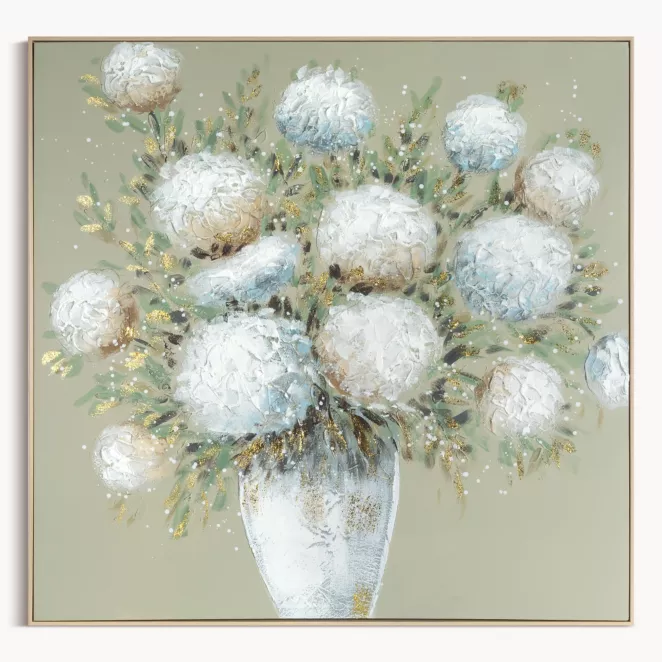 Obraz kremowo, beżowy ręcznie malowany z motywem kwiatów oprawiony w ramę 102x102 cm