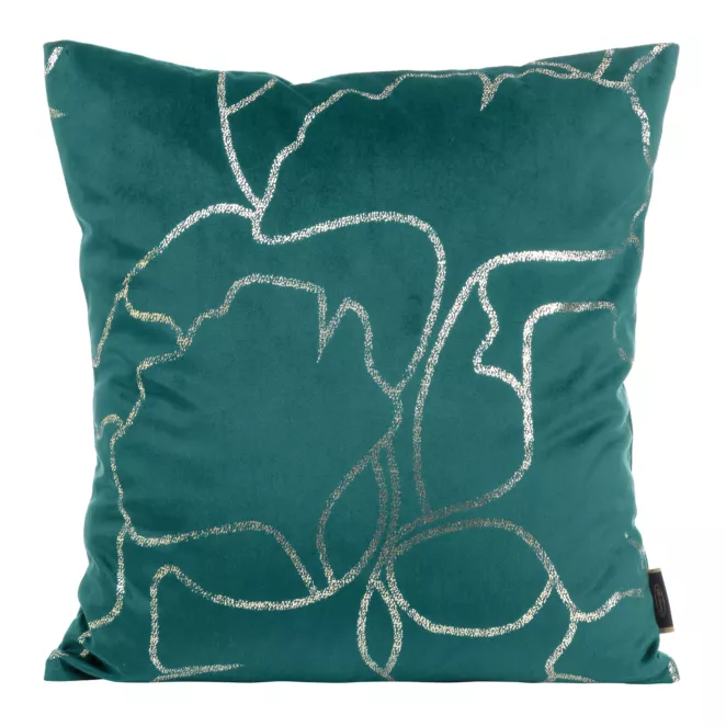 Poszewka na poduszkę 45x45 cm welwetowa ciemnoturkusowa z błyszczącym nadrukiem liści miłorzębu BLINK 35