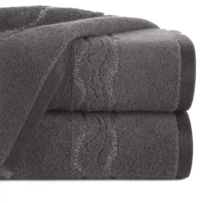 Ręcznik do rąk 30x50 cm bawełniany kolor stalowy zdobiony bordiurą z błyszczącym wzorem 500 g/m2 KARIN