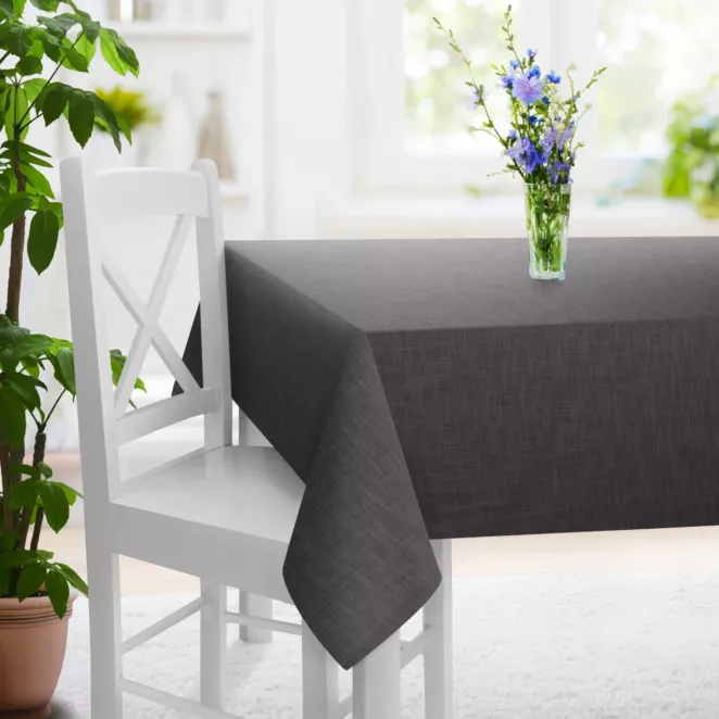 Obrus szyty grafitowy o naturalnym, luźnym splocie w stylu eko