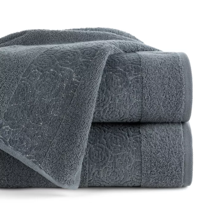 Ręcznik do rąk 30x50 cm bawełniany kolor stalowy zdobiony wytłaczanym motywem róż z dodatkiem błyszczącej nici IRIS