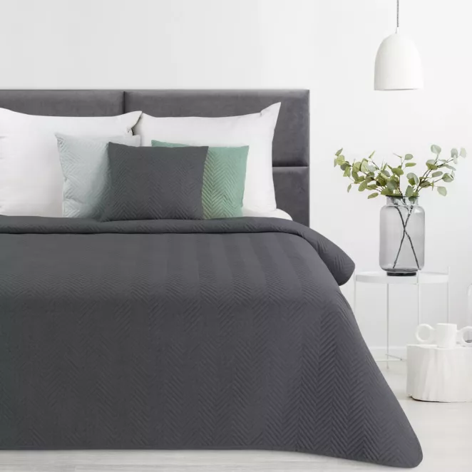 Narzuta z tkaniny o strukturze lnu grafitowa 220x240 cm pikowana w wzór jodełki LEN 3 EUROFIRANY PREMIUM