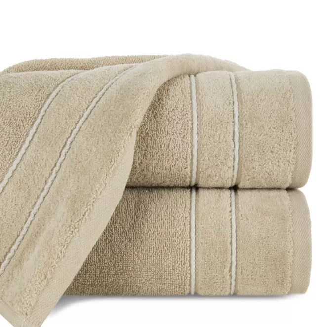 Ręcznik kąpielowy 50x90 cm bawełniany kolor beżowy z kontrastującymi paseczkami 500 g/m2 SIBEL