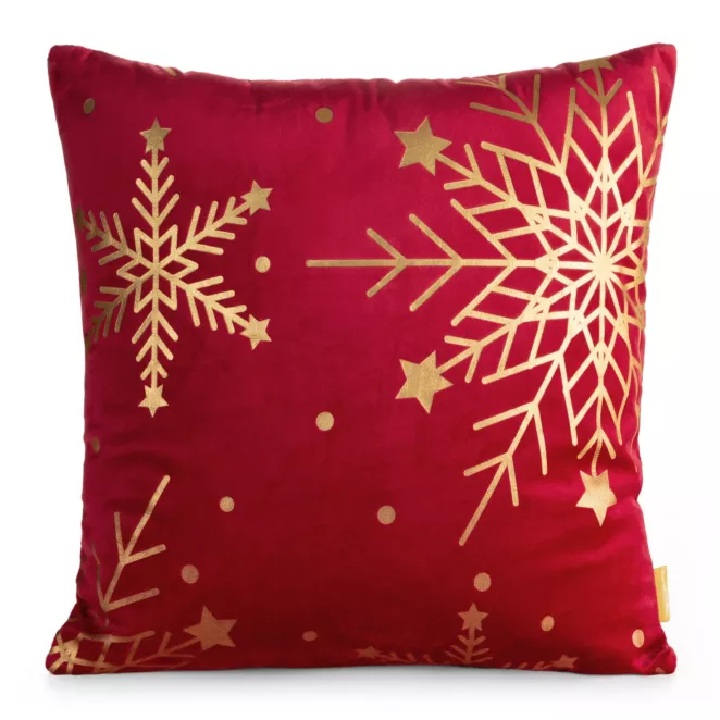 Poszewka na poduszkę świąteczna 45x45 cm  welwetowa czerwona z uroczek nadrukiem szampańskich śnieżynek
