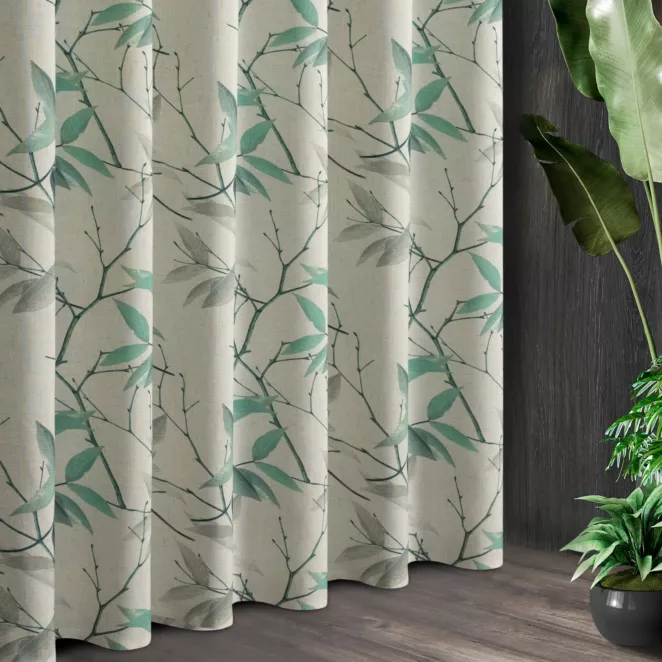 Tkanina zasłonowa z dodatkiem lnu, z nadrukiem gałązek, o naturalnym splocie, w stylu eko
