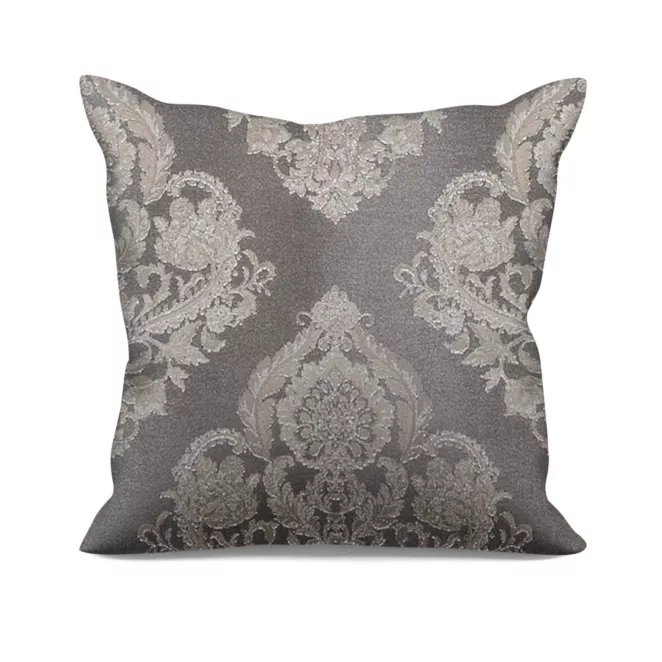 Poszewka szyta popielato szara tkanina w ornamentowy wzór, z dodatkiem połyskującej nici