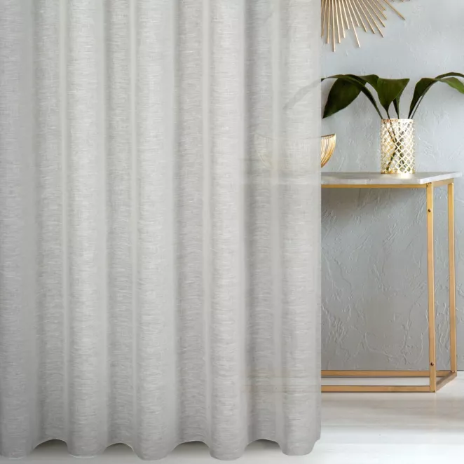 Firana szyta na taśmie 5 cm popielata wykonana z naturalnej lnianej tkaniny, matowa, wykończona obciążnikiem