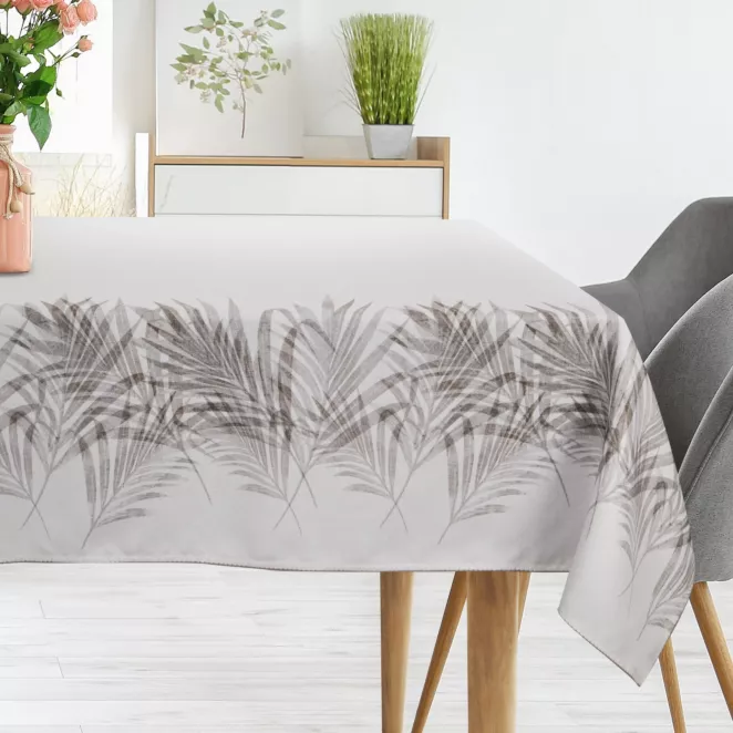 Obrus naturalno, stalowy 160x260 cm INES z nadrukowanym motywem liści palmowych