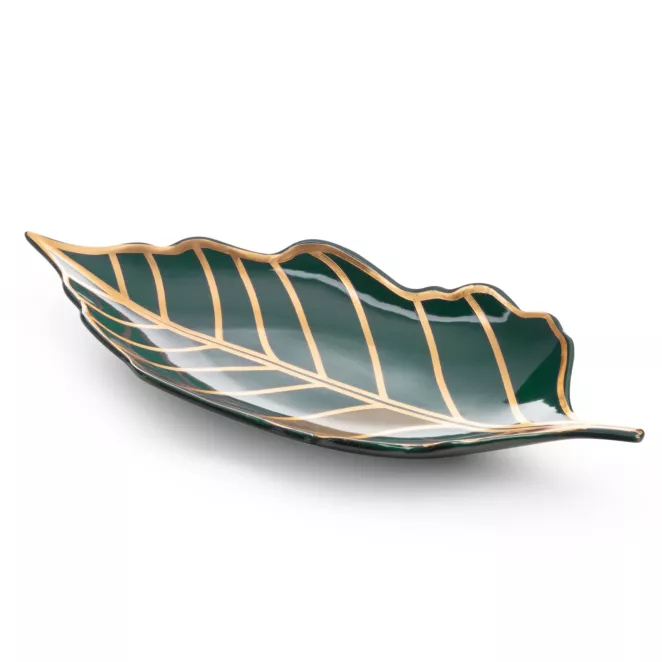 LIMITED COLLECTION Patera dekoracyjna LILI  turkusowo-złota w kształcie liścia GŁĘBIA ZIELENI