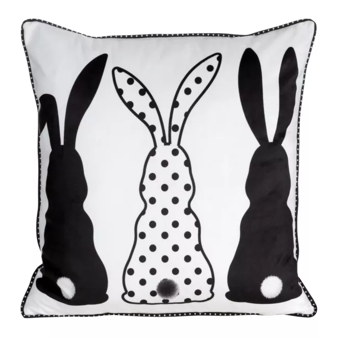 Poszewka na poduszkę 45x45 cm welwetowa czarno, biała z nadrukiem króliczków WIOSNA 4
