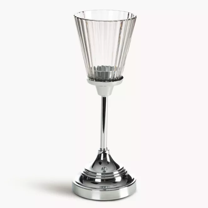 Świecznik dekoracyjny srebrno, grafitowy z szlanym złobionym kielichem rozmiar 12x31 cm ELIANI