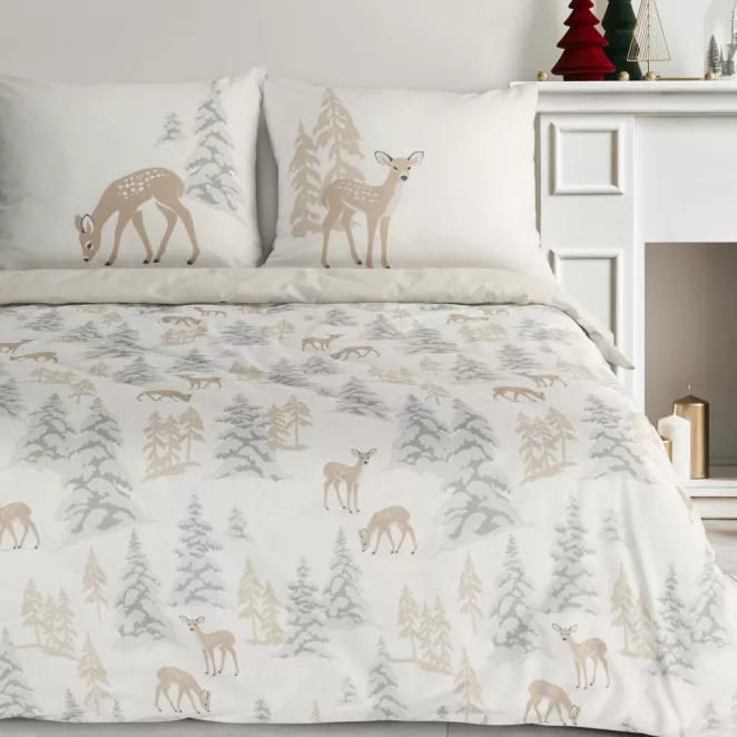 Pościel świąteczna 140x200 cm bawełna ranforce kolor biały, beżowy z nadrukiem sarenek FAWN