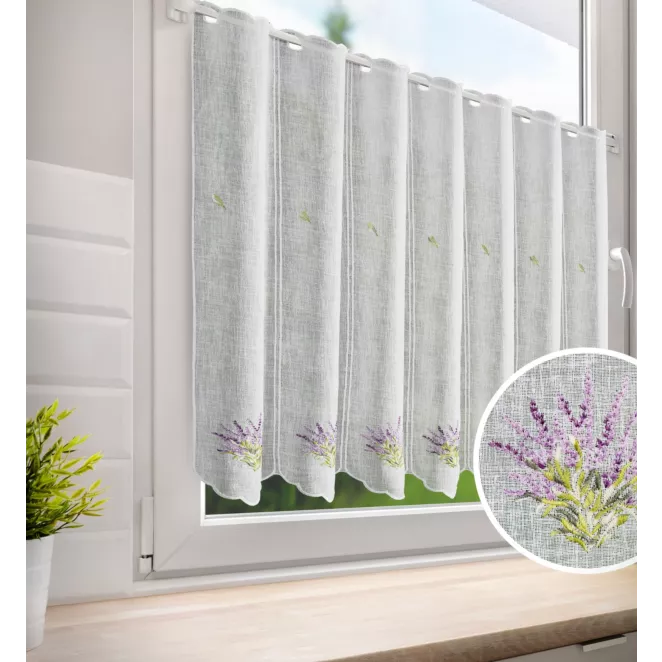 Tkanina firanowa zazdrostka z etaminy zdobiona haftem lawendy