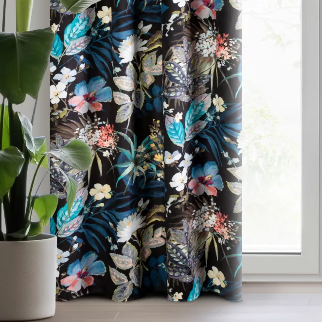 Zasłona welwetowa czarno, granatowa z nadrukiem kwiatów 140x270 cm przelotka - ALANI