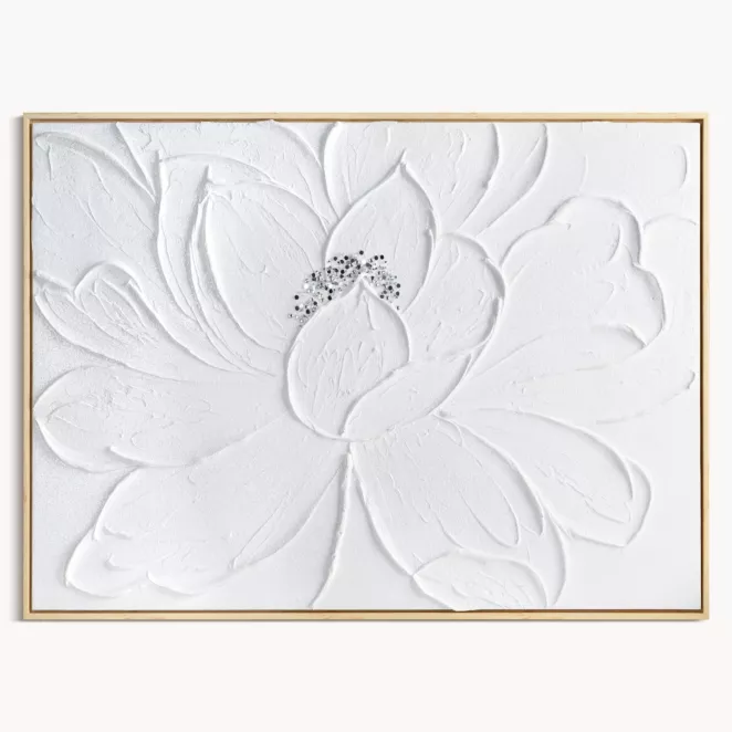 Obraz biały ręcznie malowany trójwymiarowy kwiat zdobiony kryształkami 60x90 cm