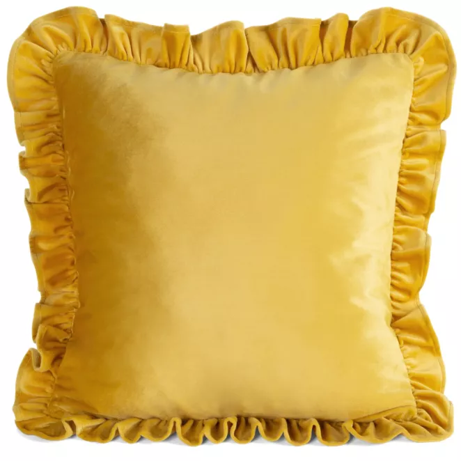 Poszewka na poduszkę 45x45 cm z aksamitnego welwetu musztardowa zdobiona na brzegach falbanami BRENDA Eurofirany Premium