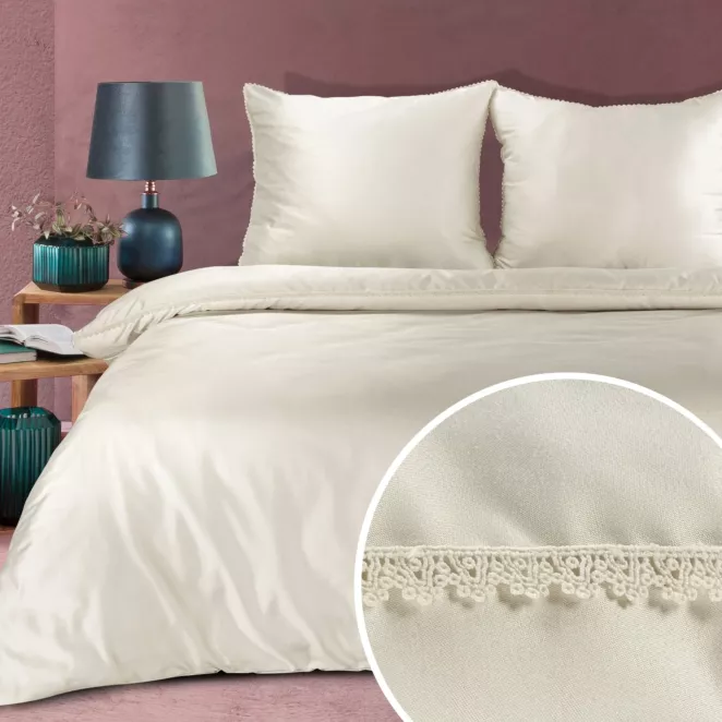 Pościel 160x200 cm komplet 3 częściowy z makosatyny bawełnianej kolor kremowy zdobiona subtelną koronką DIVA 20 - kolekcja FOREST SUMMER