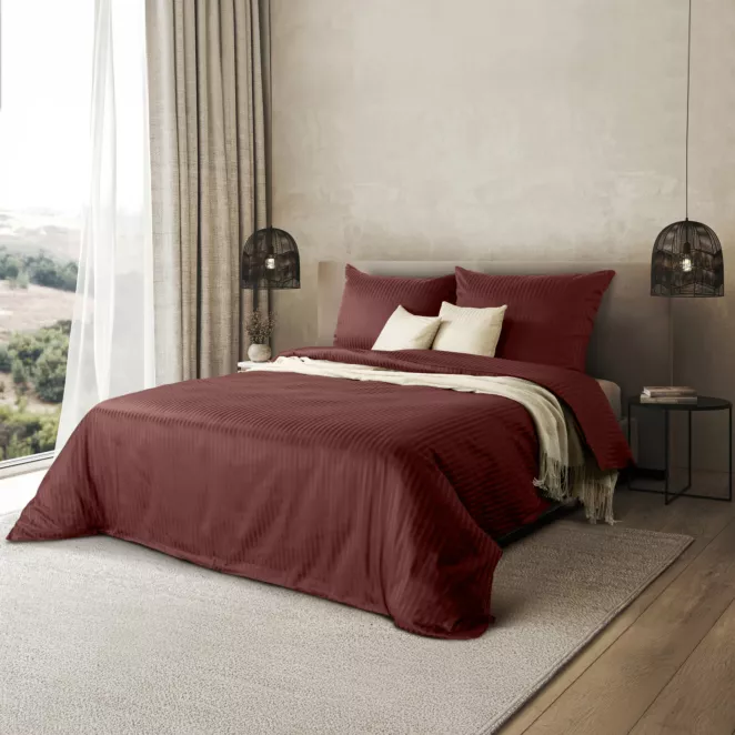 Pościel 140x200 cm satyna bawełniana kolor burgundowy w drobne prążki VERA