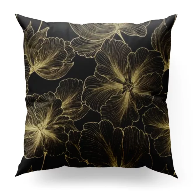Poszewka szyta czarno złota z tkaniny welwetowej zdobionej delikatnie połyskującym drukiem