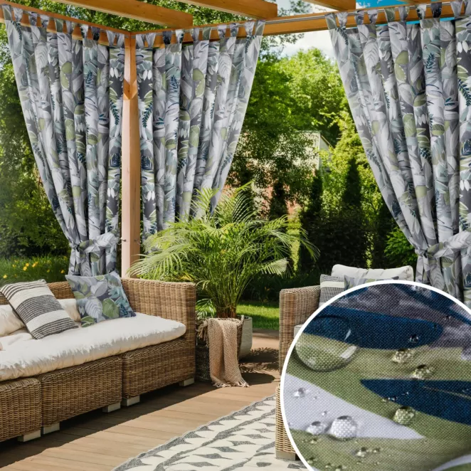 Zasłona zielono, szara z wodoodpornej tkaniny idealna do ogrodu i na taras 155x200 cm szelki/rzep - GARDEN