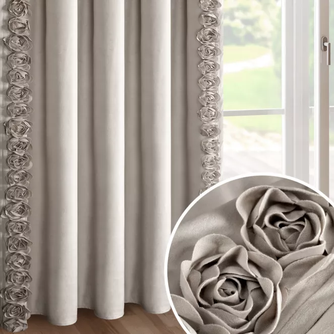 Zasłona beżowa z welwetu zdobiona aplikacją 3D róż 140x270 cm taśma - ROSES Eva Minge