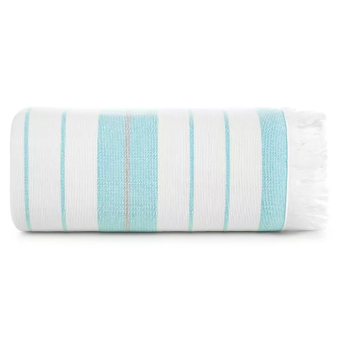 Ręcznik plażowy 90x170 cm bawełniany kolor biały,turkusowy z nadrukiem kontrastujących paseczków i frędzli 350 g/m2 MILOS