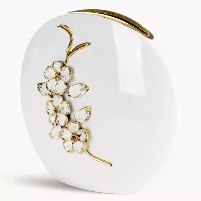 Wazon dekoracyjny biało, złoty zdobiony różami 3D  28x9x26 cm SARA