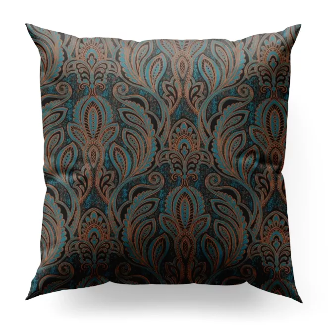 Poszewka szyta turkusowo miedziana z miękkiej w dotyku tkaniny, z fantazyjnym wzorem ornamentowym
