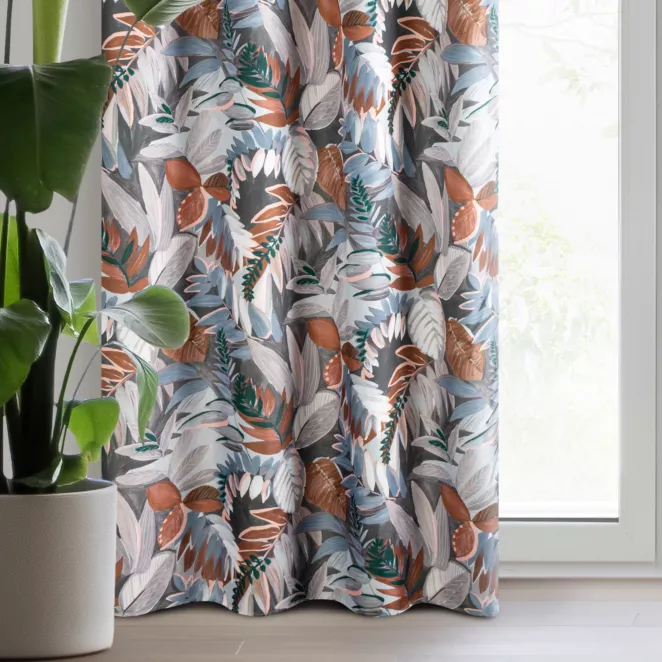 Zasłona stalowo, ruda zdobiona nadrukiem liści z tkaniny oxford 140x270 cm przelotka - MARILA