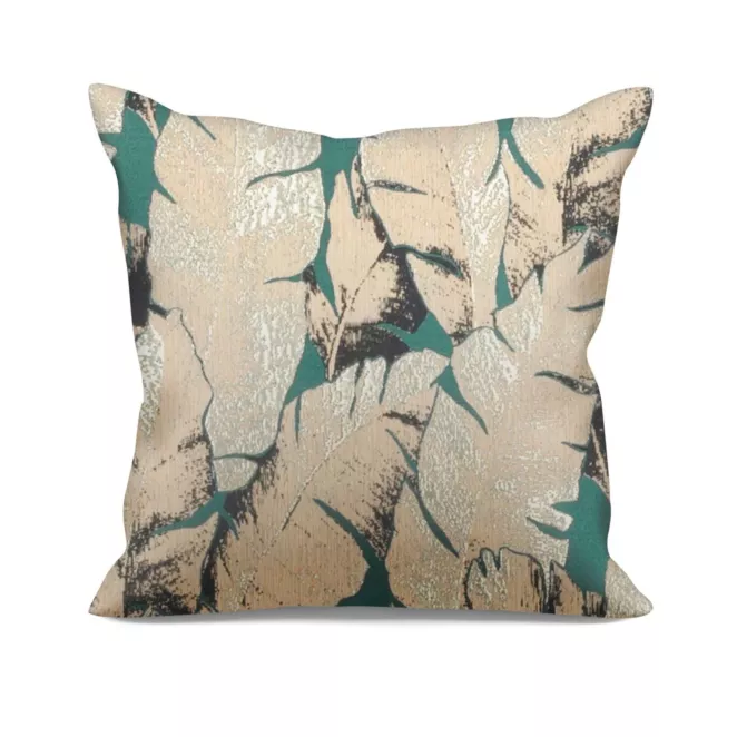 Poszewka szyta turkusowo złota z tkaniny w elegancki roślinny wzór z połyskliwą nicią i efektem 3D Italissima Eva Minge