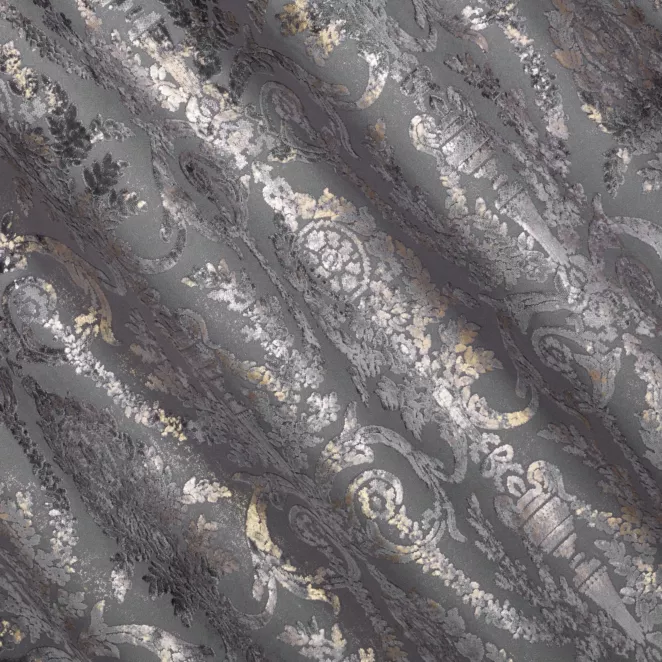 R184/5 Zasłona szyta na taśmie 5 cm grafitowo złocista z grubej, welwetowej tkaniny, zdobiona delikatnie połyskującym nadrukiem