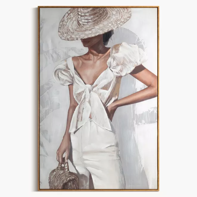 Obraz kremowo, beżowy ręcznie malowana kobieta na płótnie  oprawiony w ramę 80x120 cm