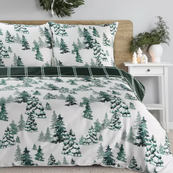 Pościel świąteczna 220x200 cm z satyny bawełnianej, kolor biały, ciemnozielony zdobiona nadrukiem zimowym WINTER